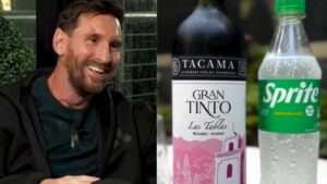 Collage de Lionel Messi junto a una copa de vino y una bebida con Sprite, en referencia a la popular mezcla de vino con gaseosa