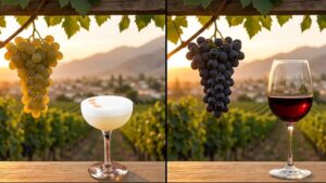 Racimo de uvas en primer plano, variedades utilizadas para pisco y vino en Perú