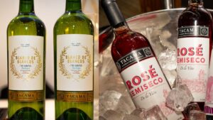 Botellas de vino blanco y rosé Tacama juntas para comparar sus diferencias